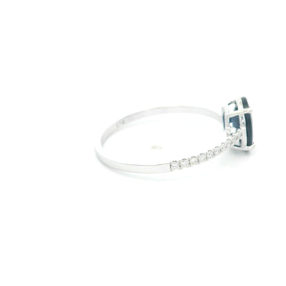 Oval Blue Sapphire Ring in 18K White Gold with Diamond Band | Natural 1.33 Carat Sapphire