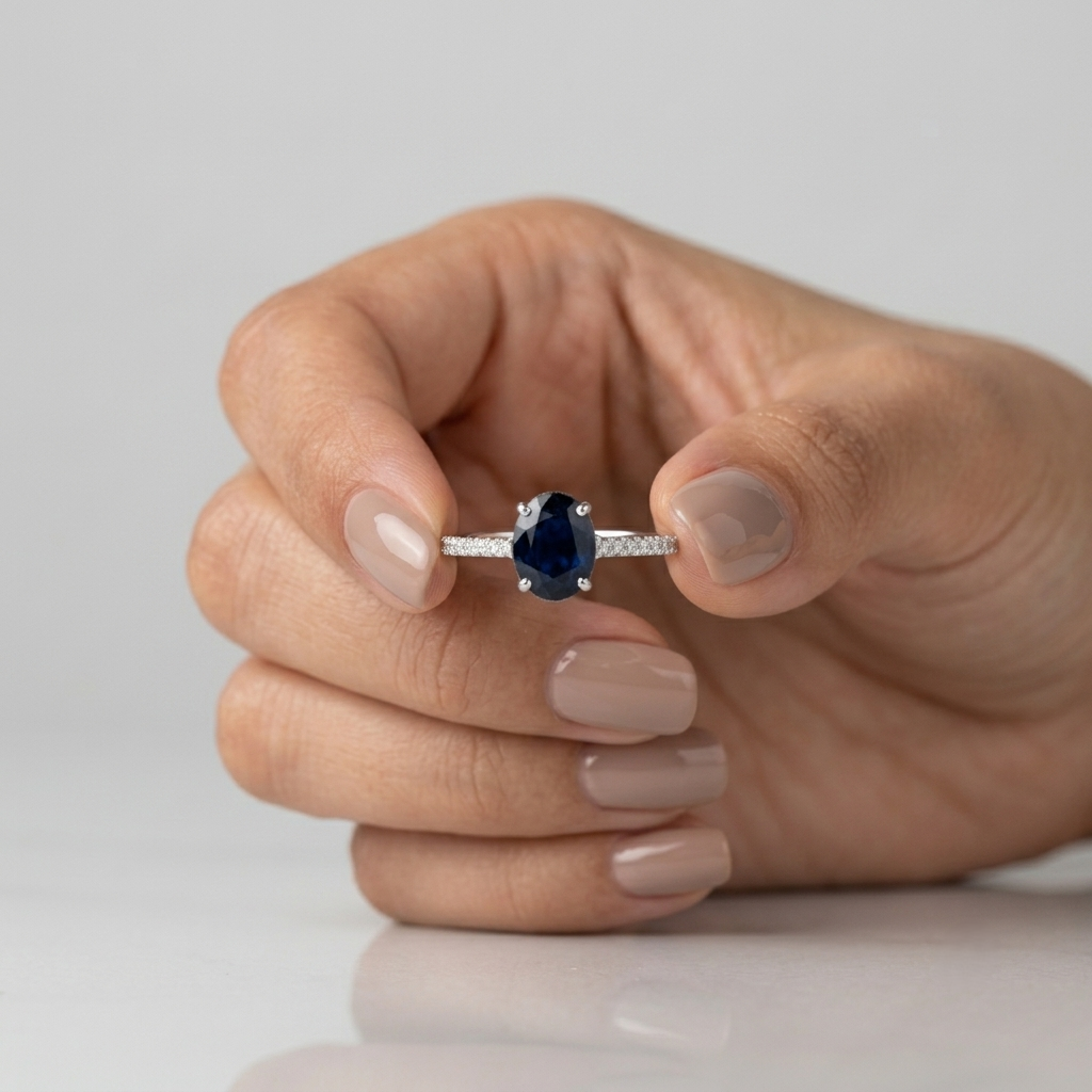 Blue Sapphire Ring with Diamond Band in 18K White Gold