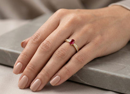 18K Yellow Gold Ruby Solitaire Ring with Natural Oval Ruby and Diamond Band