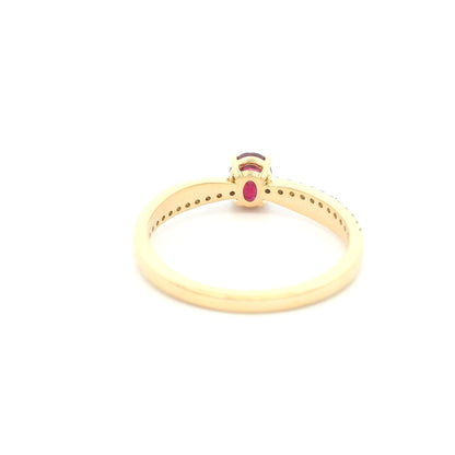 18K Yellow Gold Ruby Solitaire Ring with Natural Oval Ruby and Diamond Band