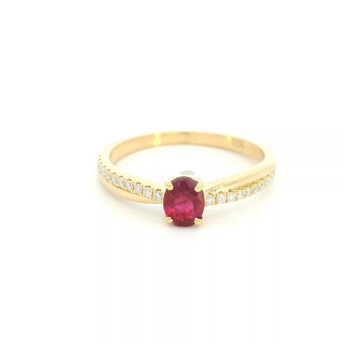 18K Yellow Gold Ruby Solitaire Ring with Natural Oval Ruby and Diamond Band