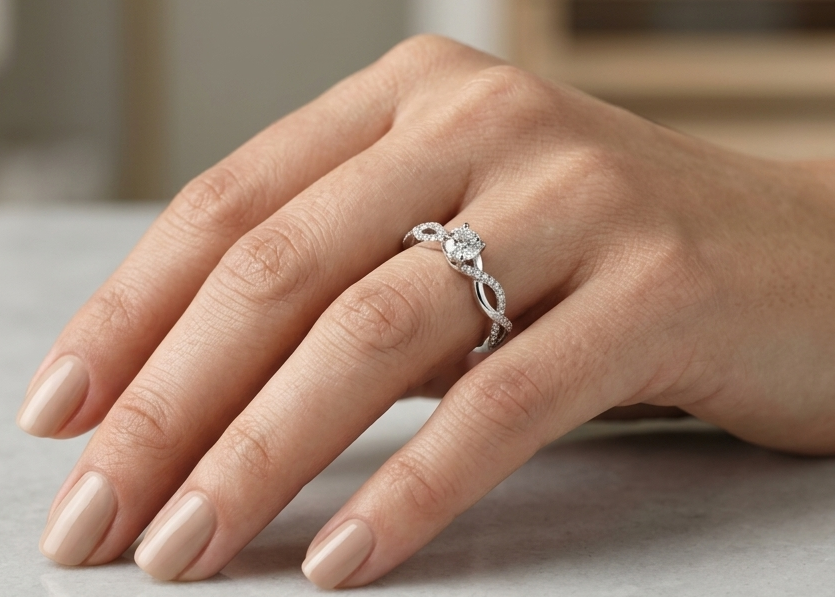 18K White Gold Diamond Engagement Ring with a 0.31 Carat Round Brilliant Diamond and 0.11 Carat Pavé Diamond Twisted Band.
