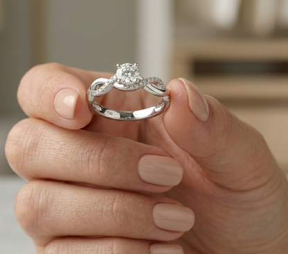 18K White Gold Diamond Engagement Ring with a 0.31 Carat Round Brilliant Diamond and 0.11 Carat Pavé Diamond Twisted Band.