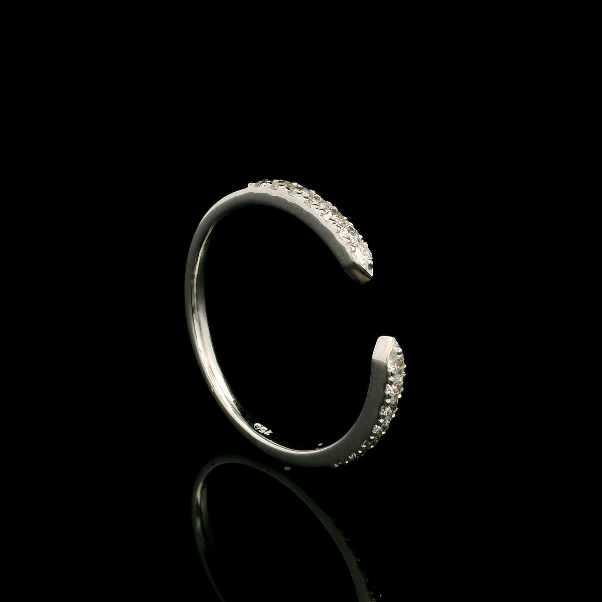 18K white gold open diamond contour ring with curved diamond-set ends, suitable as a stacking ring or wedding band