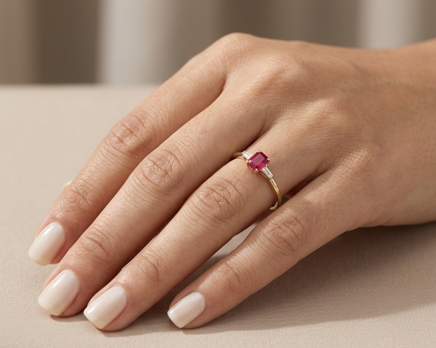 Emerald Cut Ruby Ring in 18K Yellow Gold with Baguette Diamond Side Stones