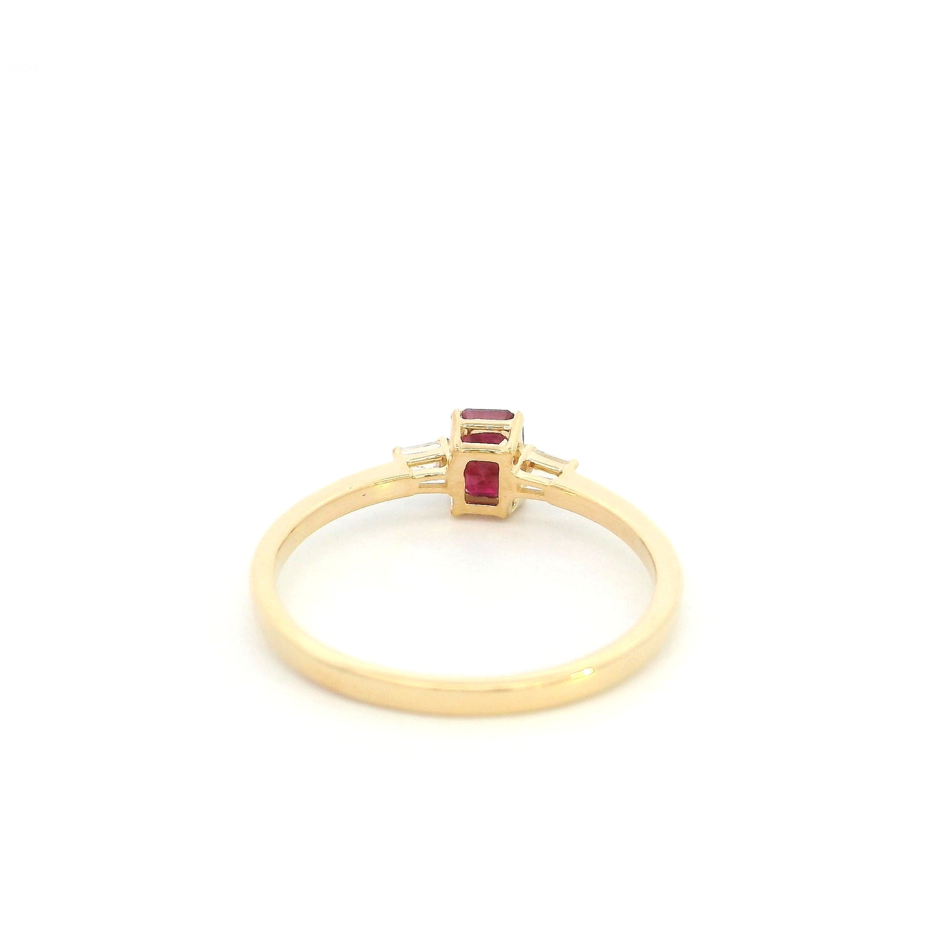 Emerald Cut Ruby Ring in 18K Yellow Gold with Baguette Diamond Side Stones