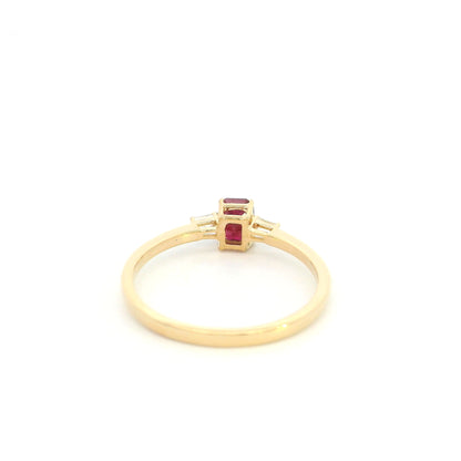 Emerald Cut Ruby Ring in 18K Yellow Gold with Baguette Diamond Side Stones