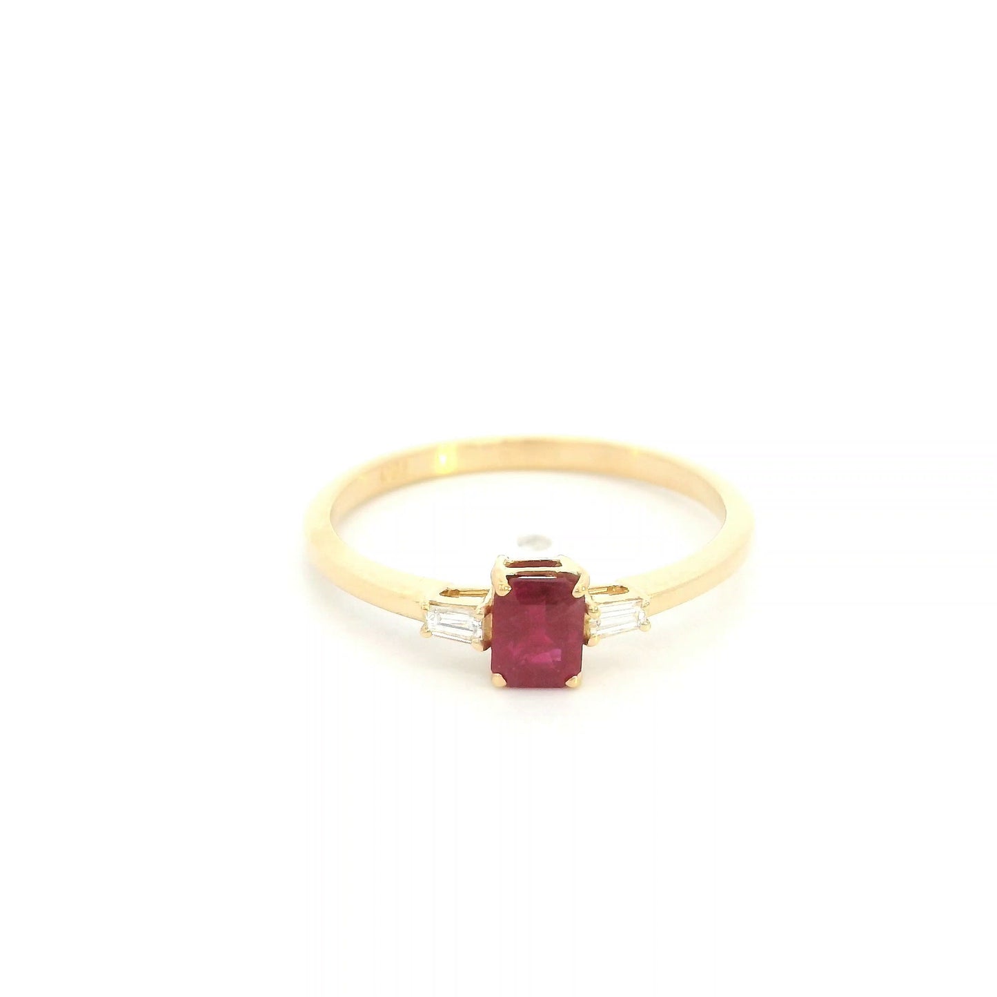 Emerald Cut Ruby Ring in 18K Yellow Gold with Baguette Diamond Side Stones