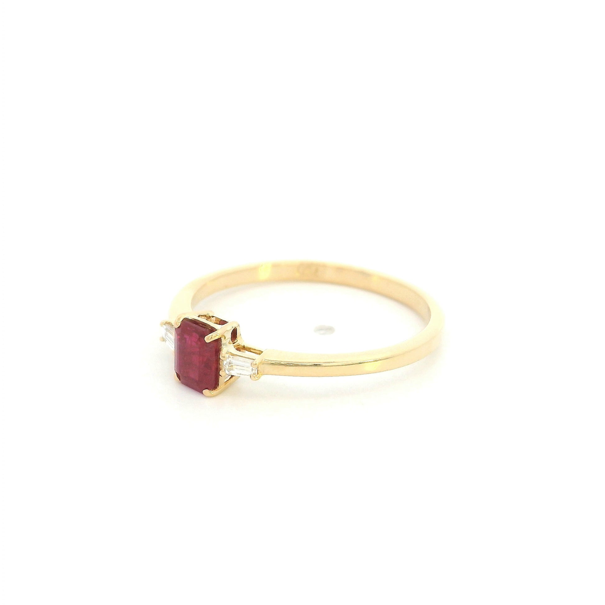 Emerald Cut Ruby Ring in 18K Yellow Gold with Baguette Diamond Side Stones