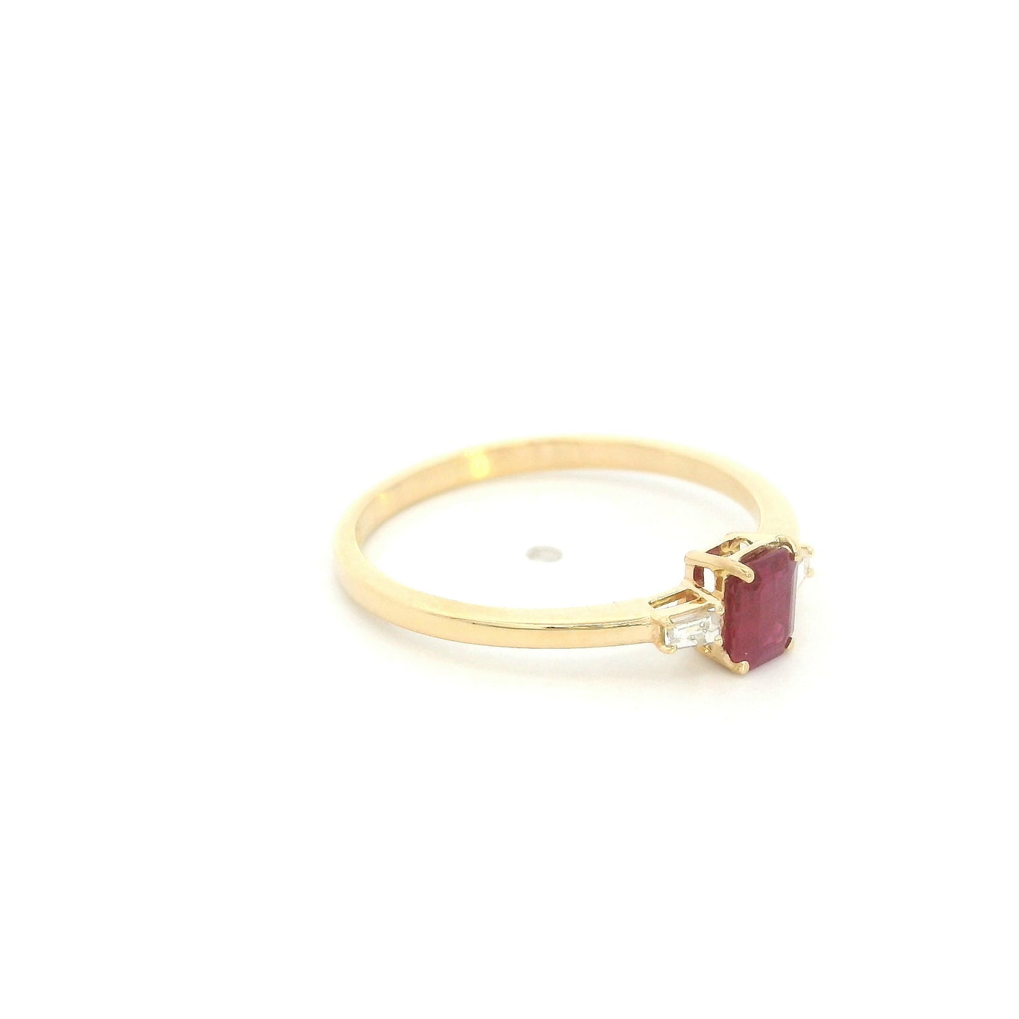 Emerald Cut Ruby Ring in 18K Yellow Gold with Baguette Diamond Side Stones