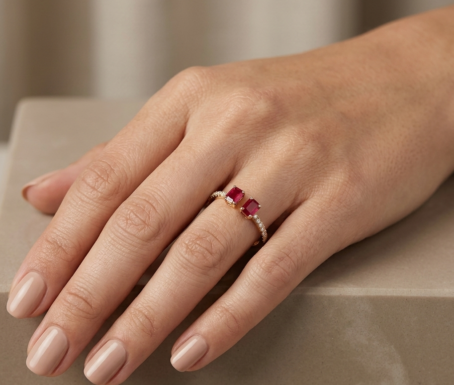 Ruby Open Ring in 18K Yellow Gold with Emerald Cut Rubies and Diamond Band