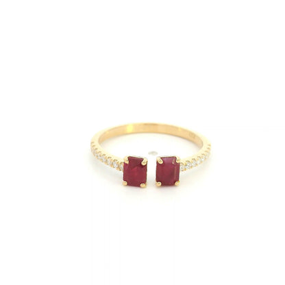 Ruby Open Ring in 18K Yellow Gold with Emerald Cut Rubies and Diamond Band