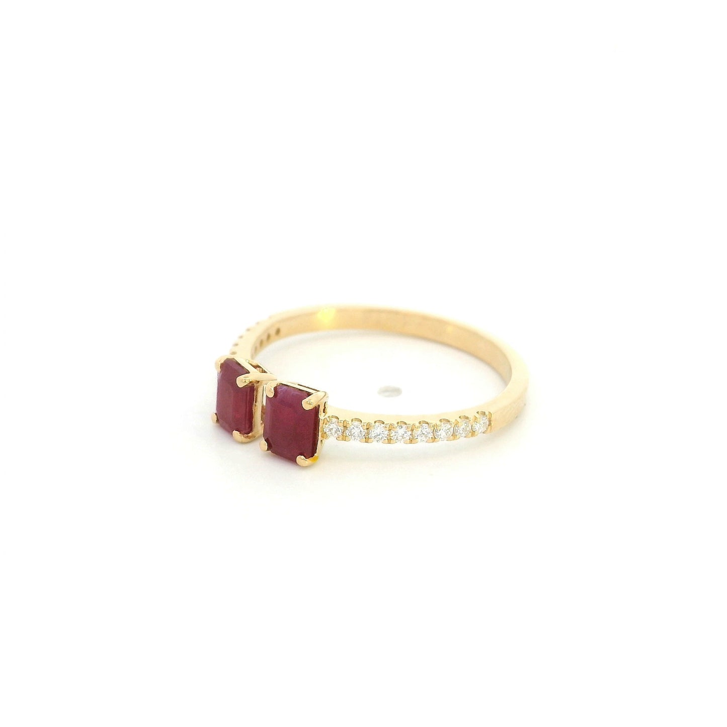 Ruby Open Ring in 18K Yellow Gold with Emerald Cut Rubies and Diamond Band