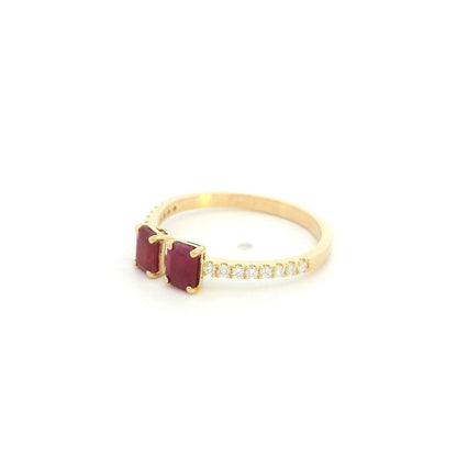 Ruby Open Ring in 18K Yellow Gold with Emerald Cut Rubies and Diamond Band