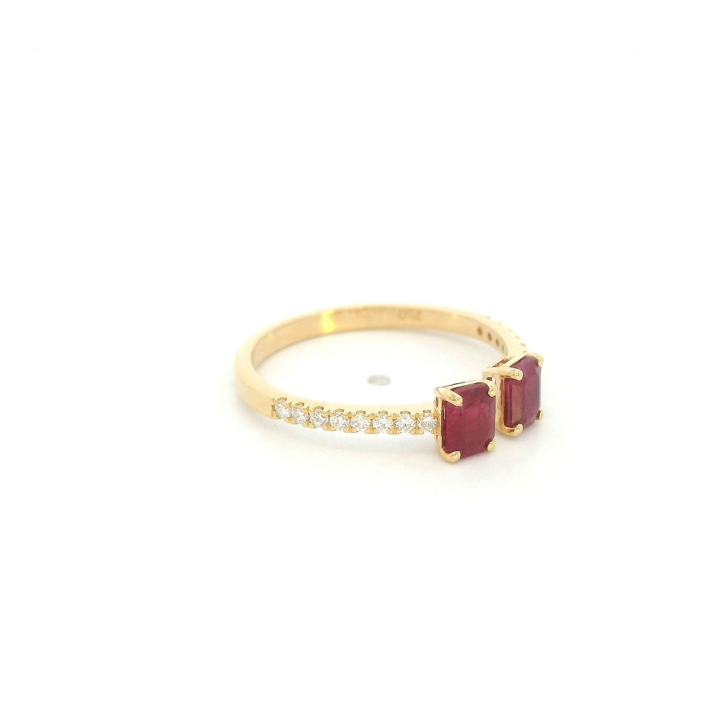 Ruby Open Ring in 18K Yellow Gold with Emerald Cut Rubies and Diamond Band