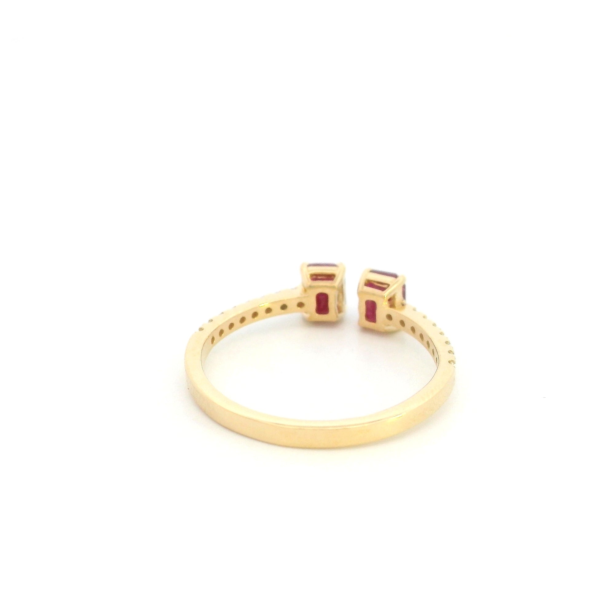 Ruby Open Ring in 18K Yellow Gold with Emerald Cut Rubies and Diamond Band