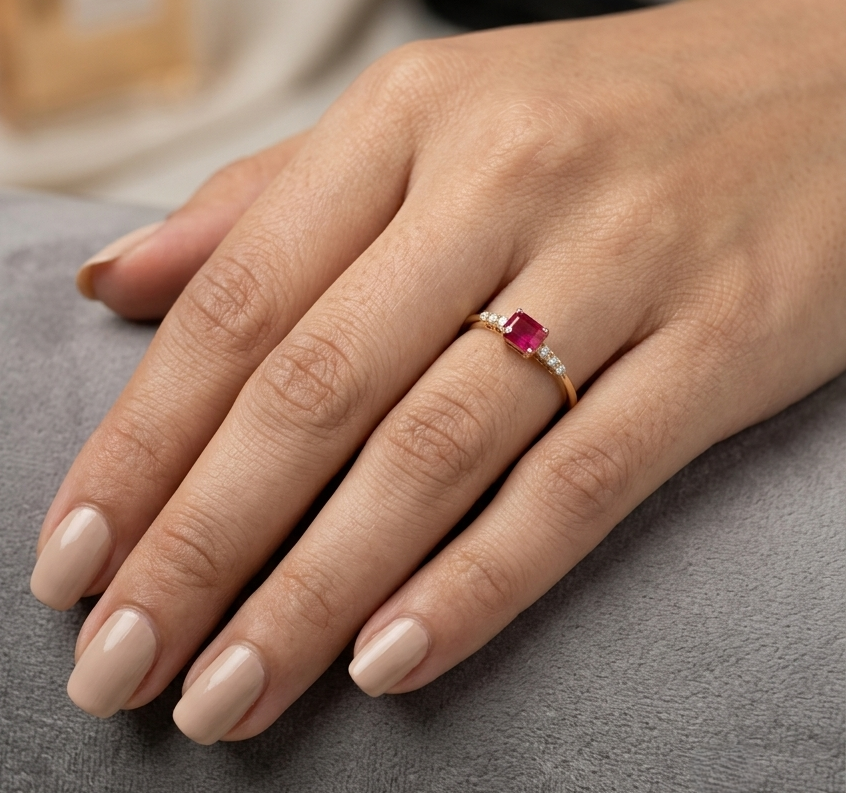 Square ruby and diamond ring in 18K yellow gold with diamond-set shoulders