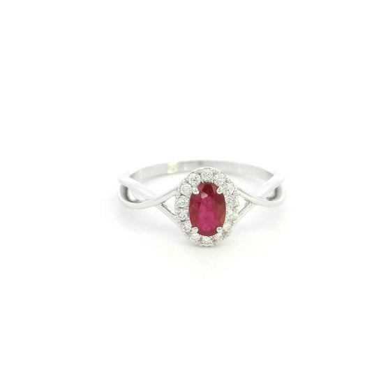 18K White Gold Ruby Halo Ring with 0.52 Carat Oval Ruby and Natural Diamond Halo