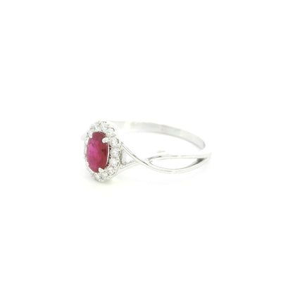 18K White Gold Ruby Halo Ring with 0.52 Carat Oval Ruby and Natural Diamond Halo