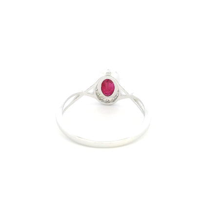 18K White Gold Ruby Halo Ring with 0.52 Carat Oval Ruby and Natural Diamond Halo
