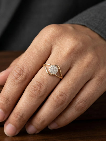 18K yellow gold diamond cluster ring with round diamonds and flowing sculptural swirl design by Emirates Diamonds.