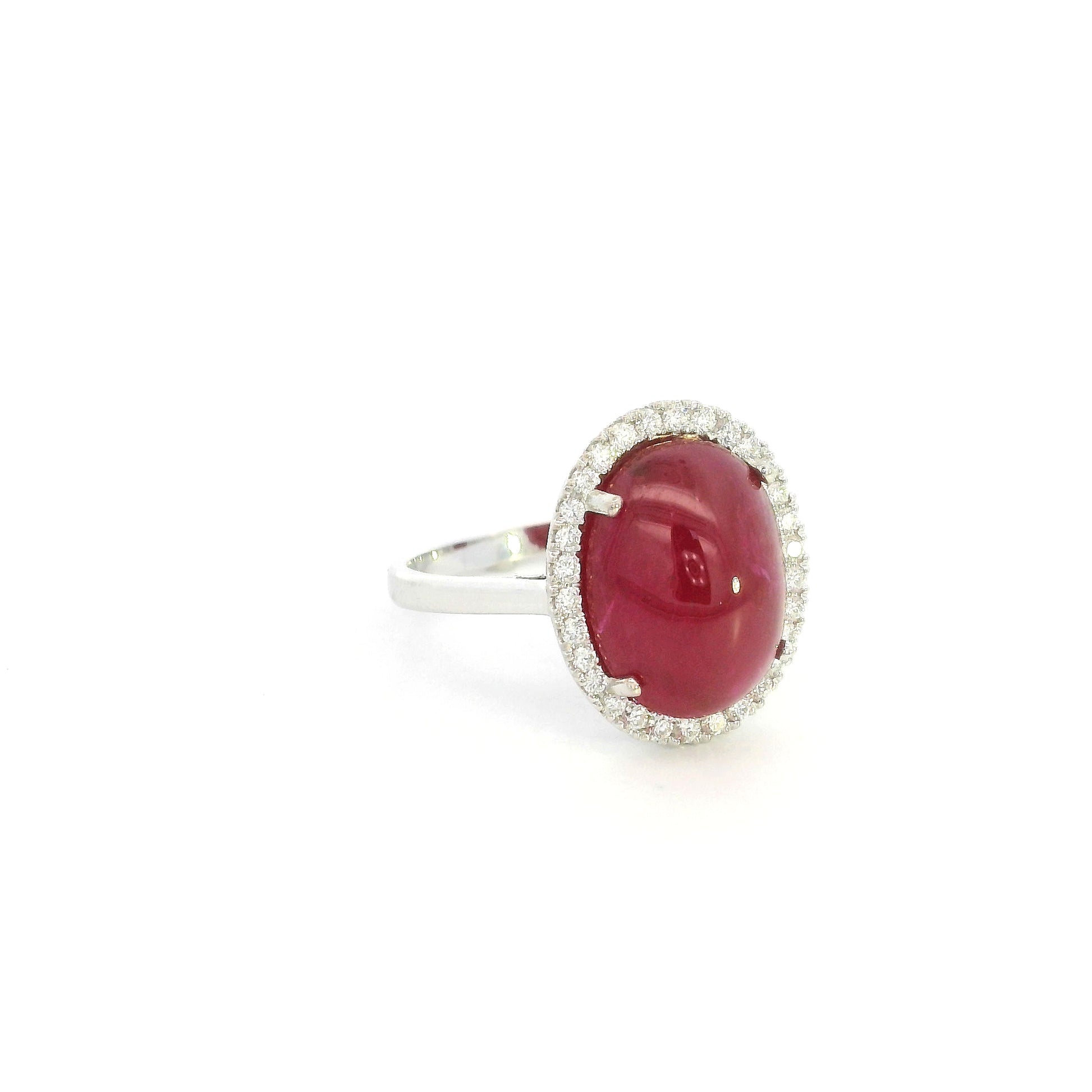 Natural Cabochon Ruby Ring in 18K White Gold with Diamond Halo | 8.57 Carat Ruby