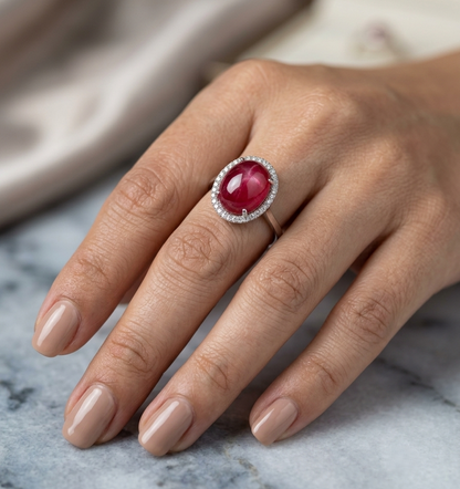 Natural Cabochon Ruby Ring in 18K White Gold with Diamond Halo | 8.57 Carat Ruby