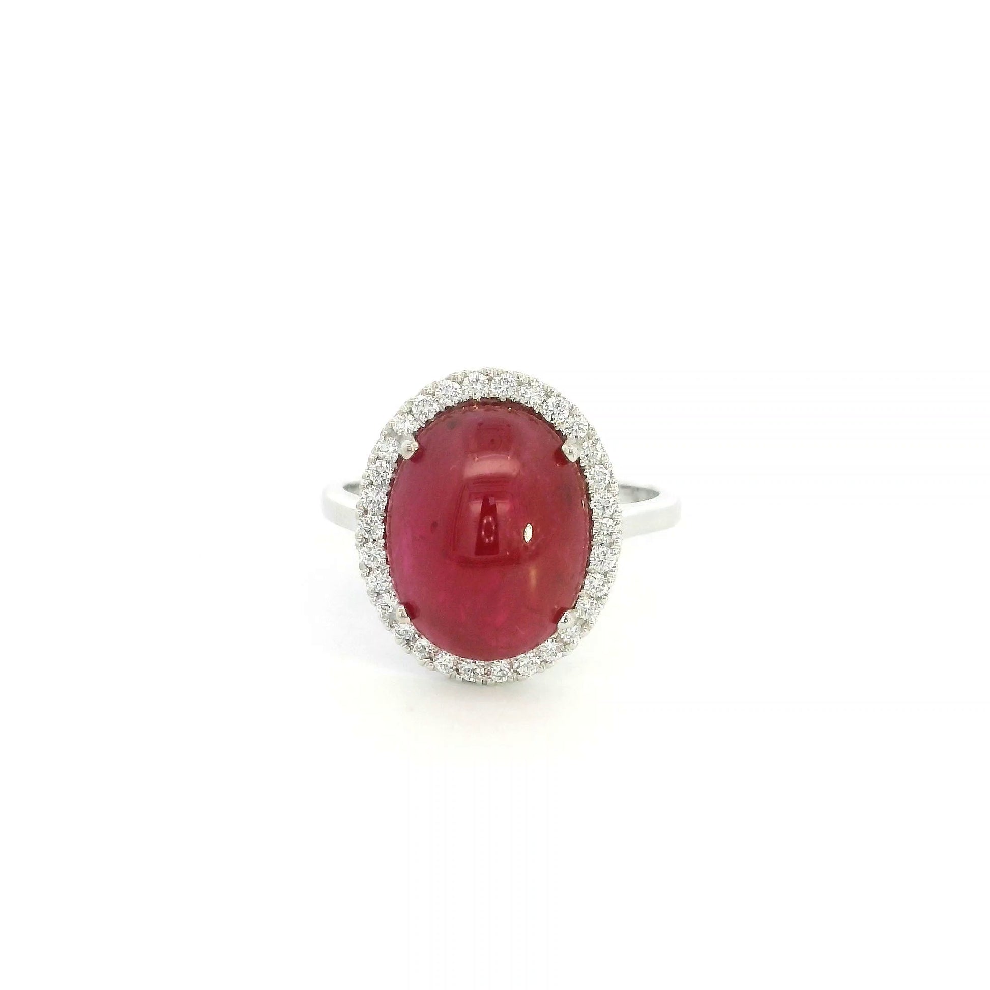Natural Cabochon Ruby Ring in 18K White Gold with Diamond Halo | 8.57 Carat Ruby