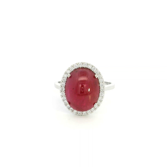 Natural Cabochon Ruby Ring in 18K White Gold with Diamond Halo | 8.57 Carat Ruby