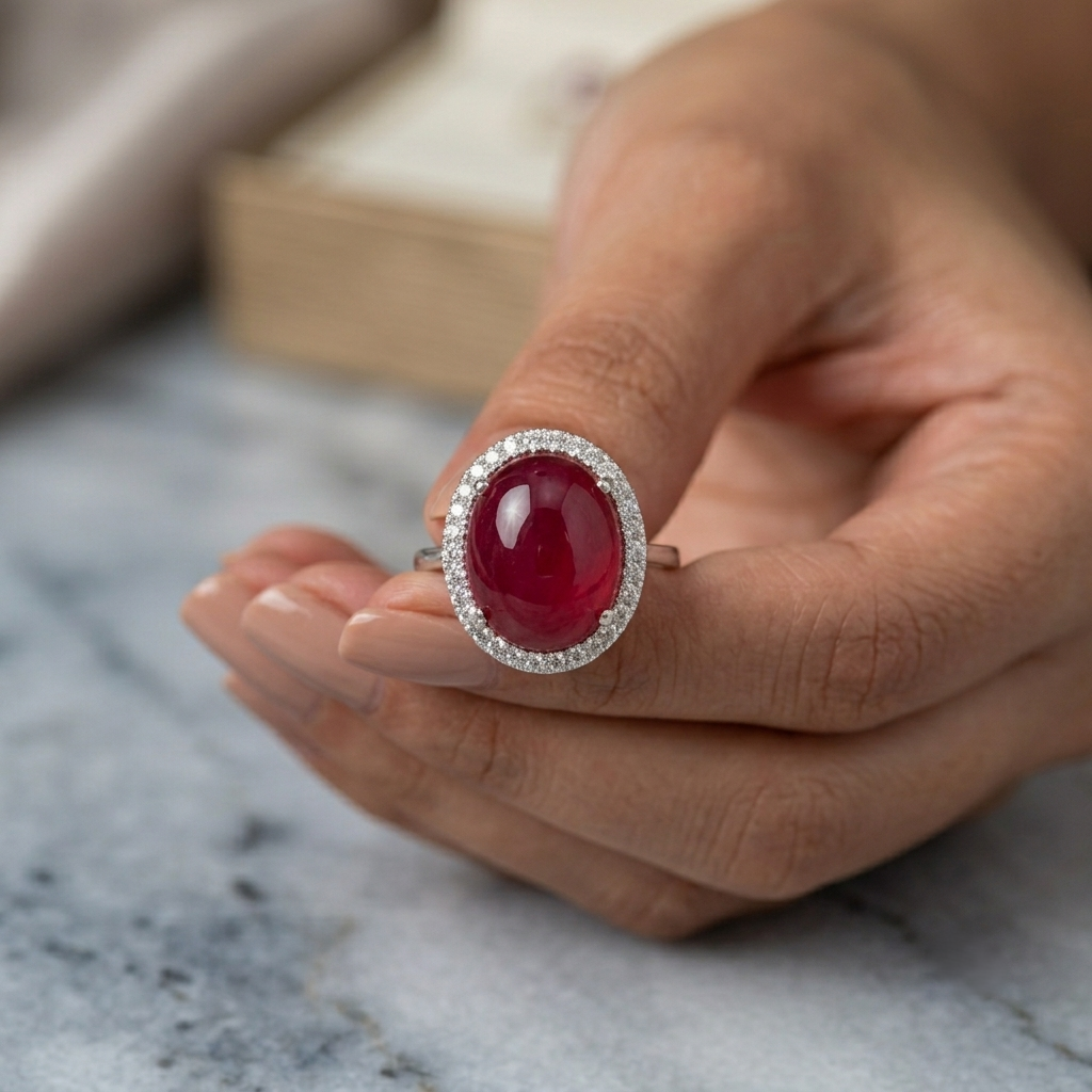 Natural Cabochon Ruby Ring in 18K White Gold with Diamond Halo | 8.57 Carat Ruby