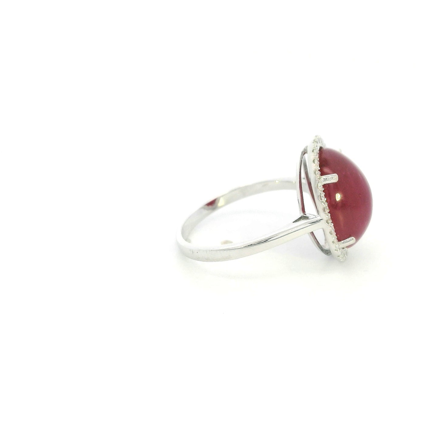 Natural Cabochon Ruby Ring in 18K White Gold with Diamond Halo | 8.57 Carat Ruby
