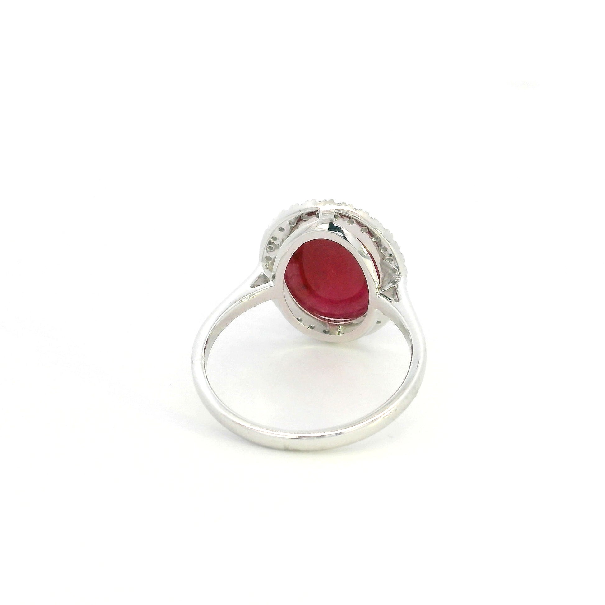 Natural Cabochon Ruby Ring in 18K White Gold with Diamond Halo | 8.57 Carat Ruby