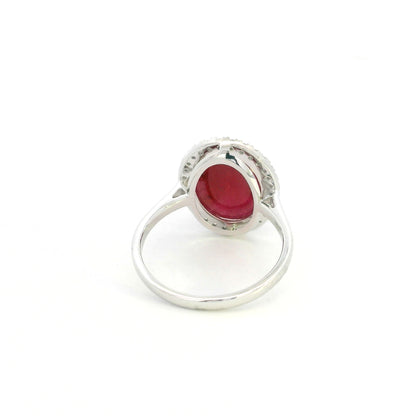 Natural Cabochon Ruby Ring in 18K White Gold with Diamond Halo | 8.57 Carat Ruby