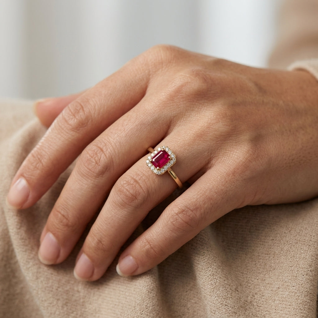Ruby and diamond halo ring in 18K yellow gold with rectangular red ruby, round diamond surround and polished gold band.