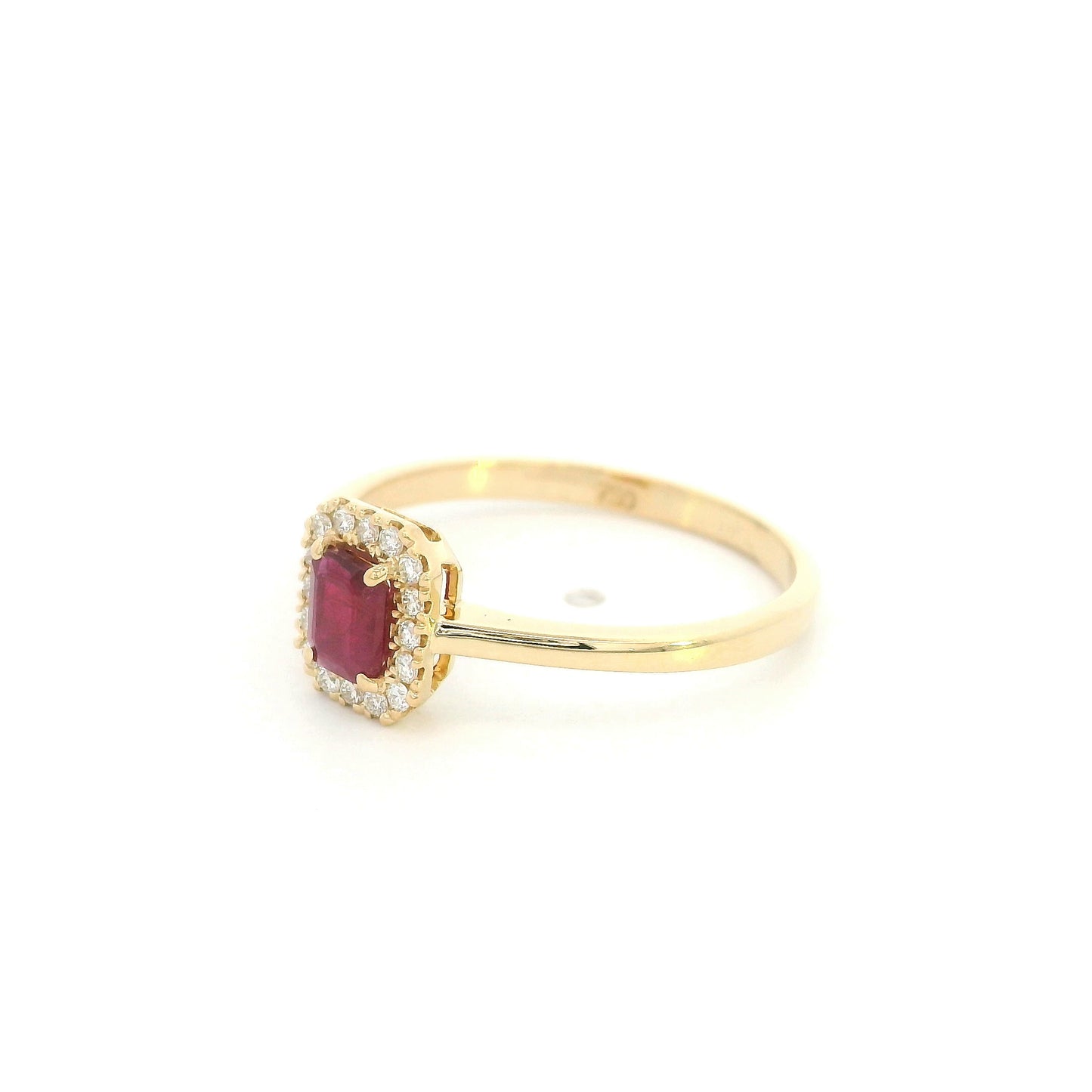 Ruby and diamond halo ring in 18K yellow gold with rectangular red ruby, round diamond surround and polished gold band.