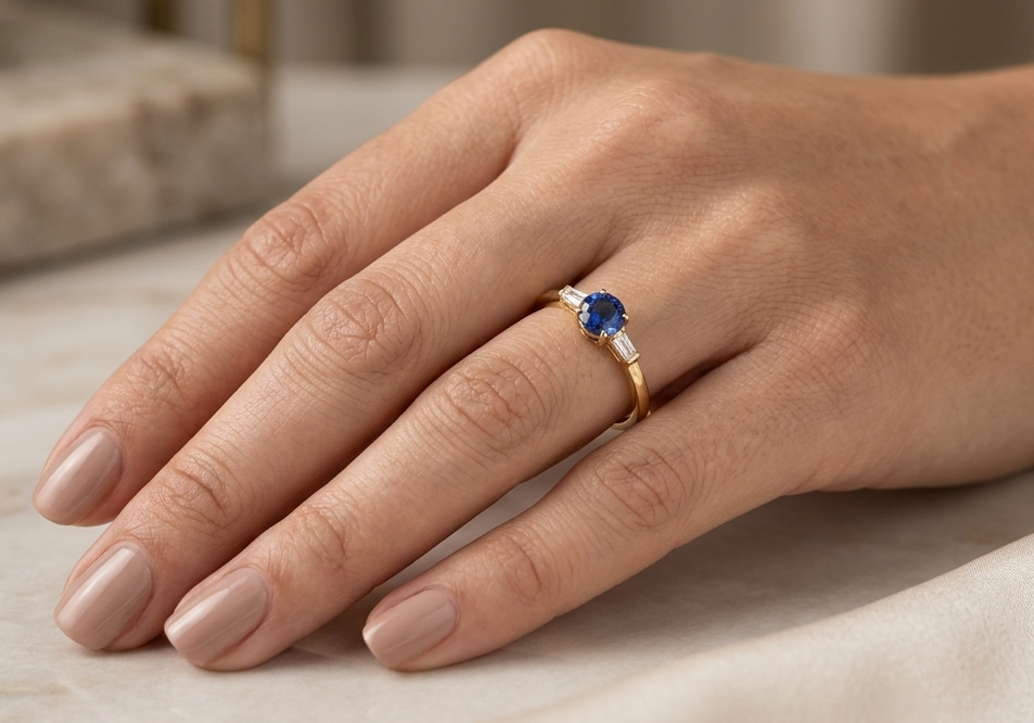 Round blue sapphire and baguette diamond three stone ring in 18K yellow gold