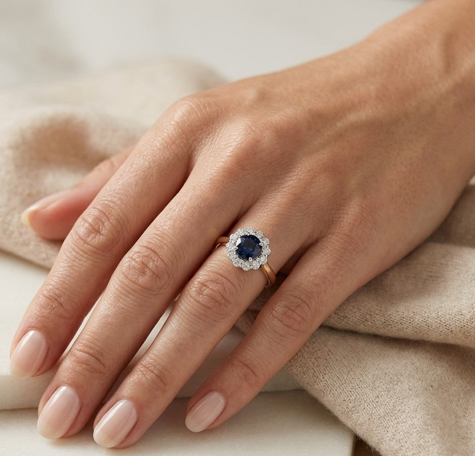 Round blue sapphire and diamond ring in 18K yellow gold with 0.84 carat natural sapphire and diamond surround
