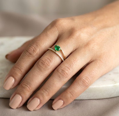 18K Yellow Gold Emerald Ring with Pear Shaped Natural Emerald and Diamond Bypass Band
