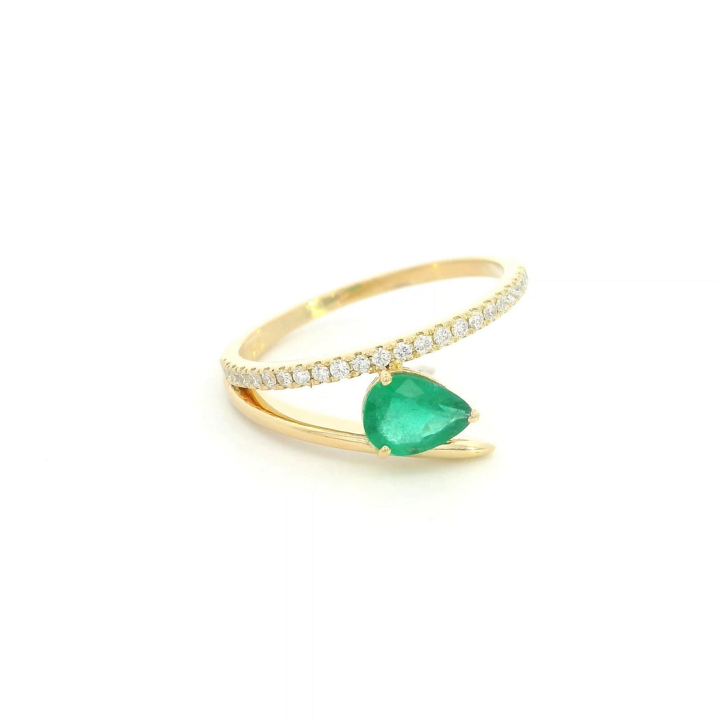 18K Yellow Gold Emerald Ring with Pear Shaped Natural Emerald and Diamond Bypass Band
