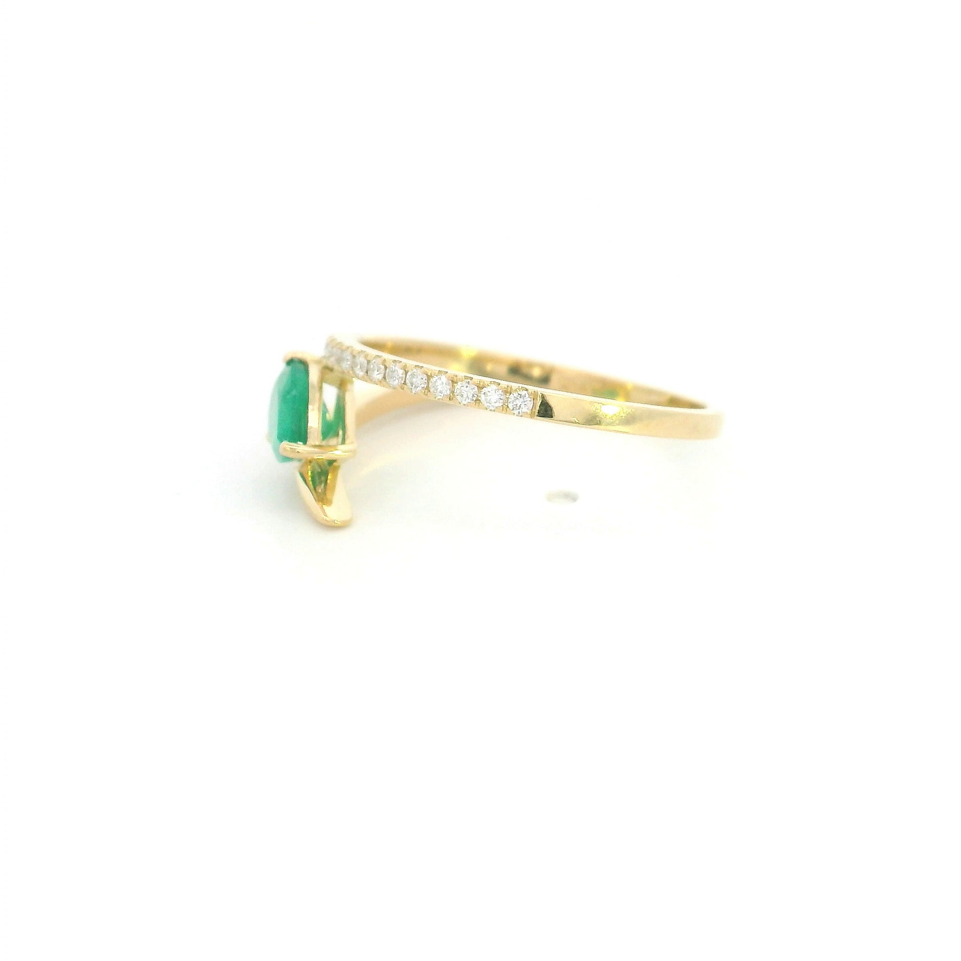 18K Yellow Gold Emerald Ring with Pear Shaped Natural Emerald and Diamond Bypass Band