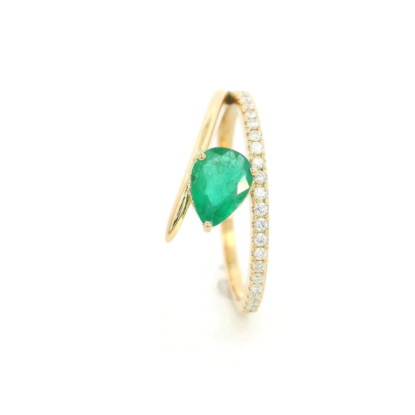 18K Yellow Gold Emerald Ring with Pear Shaped Natural Emerald and Diamond Bypass Band