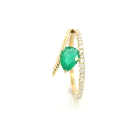 18K Yellow Gold Emerald Ring with Pear Shaped Natural Emerald and Diamond Bypass Band