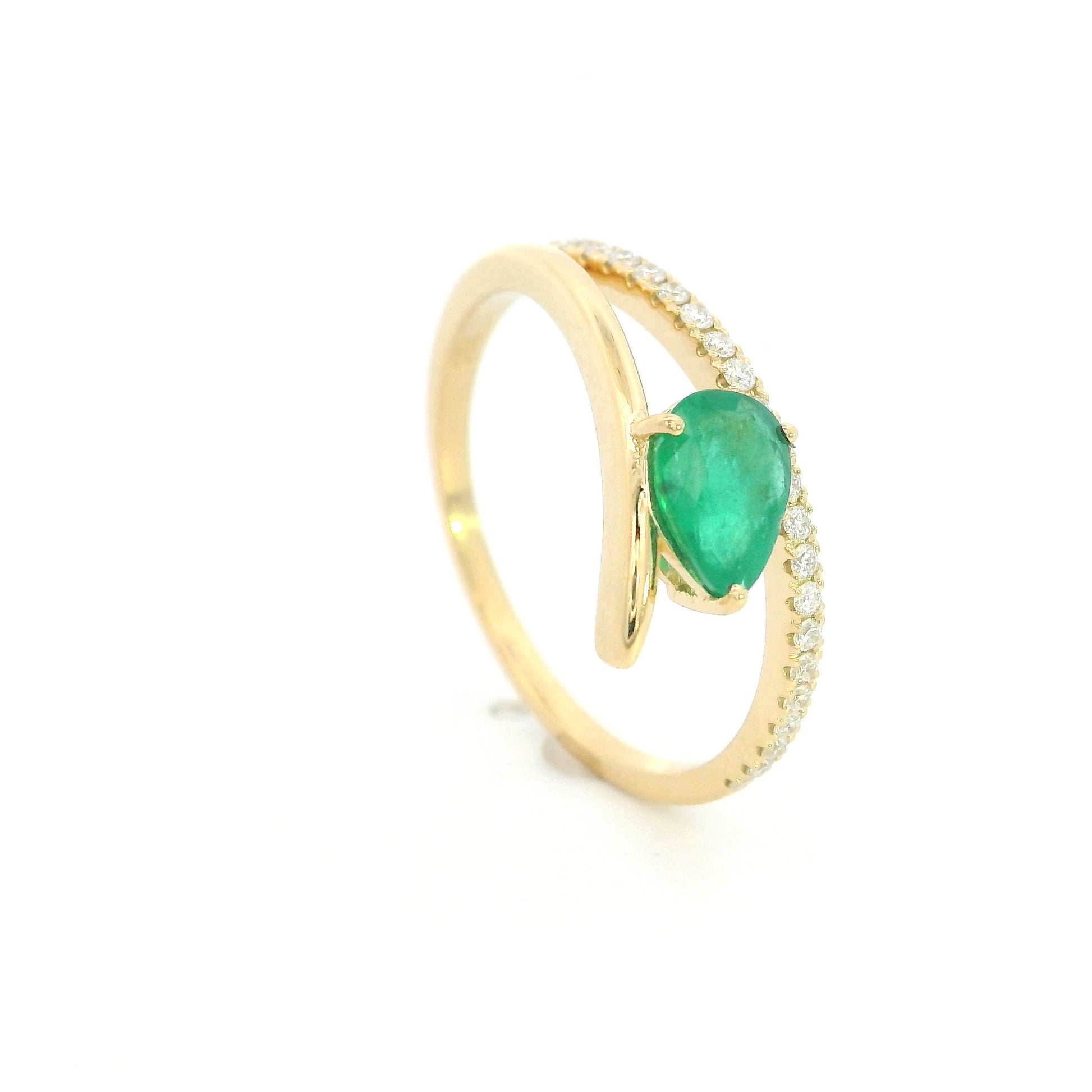 18K Yellow Gold Emerald Ring with Pear Shaped Natural Emerald and Diamond Bypass Band