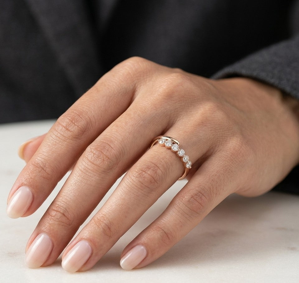 18K rose gold diamond bypass ring with 0.42 carat round diamonds and polished gold crossover design
