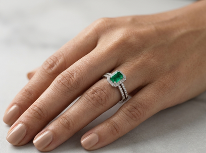18K white gold emerald bridal set featuring a 0.71 carat natural emerald-cut emerald with a diamond halo and matching diamond wedding band.