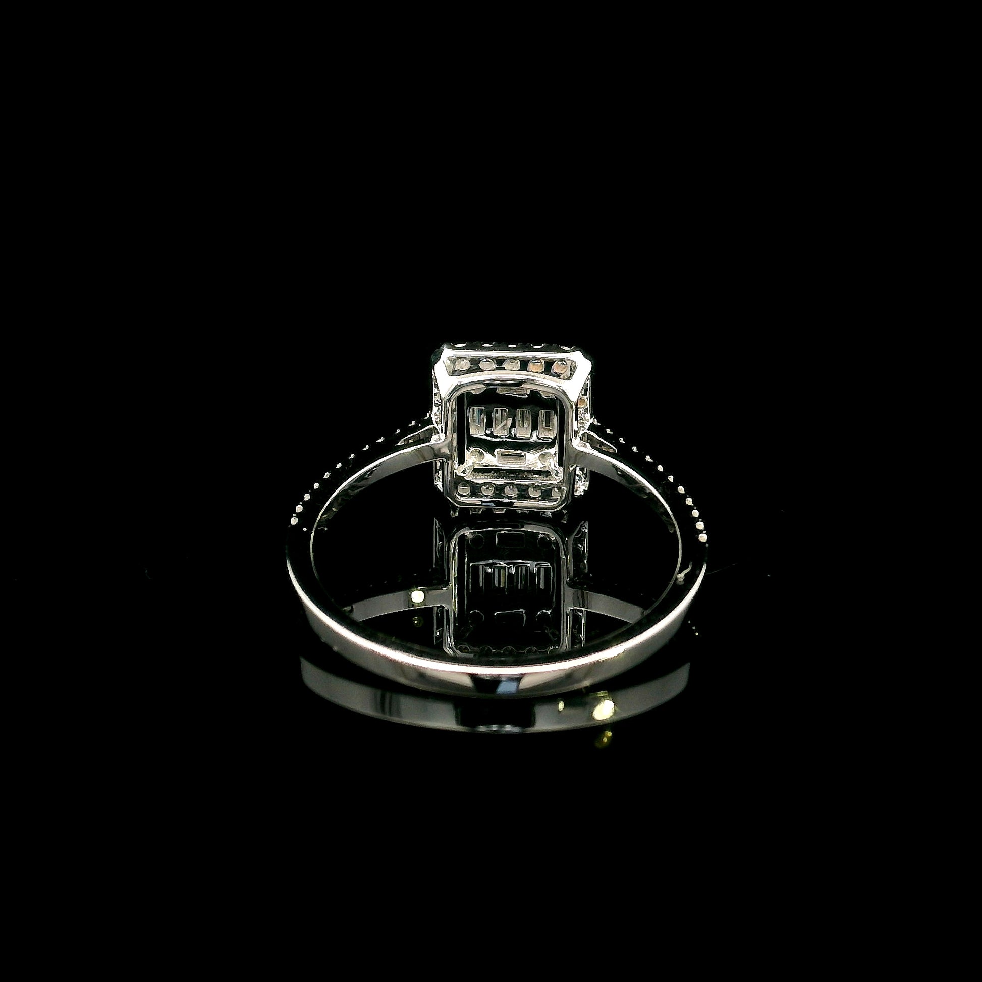 18K White Gold Diamond Halo Ring featuring 0.37 carat natural baguette and round brilliant diamonds in a geometric halo design with a diamond-set band.