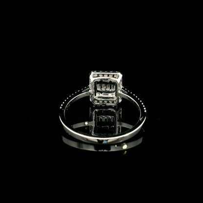 18K White Gold Diamond Halo Ring featuring 0.37 carat natural baguette and round brilliant diamonds in a geometric halo design with a diamond-set band.