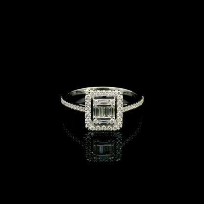 18K White Gold Diamond Halo Ring featuring 0.37 carat natural baguette and round brilliant diamonds in a geometric halo design with a diamond-set band.
