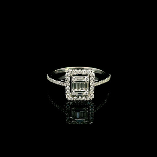 18K White Gold Diamond Halo Ring featuring 0.37 carat natural baguette and round brilliant diamonds in a geometric halo design with a diamond-set band.