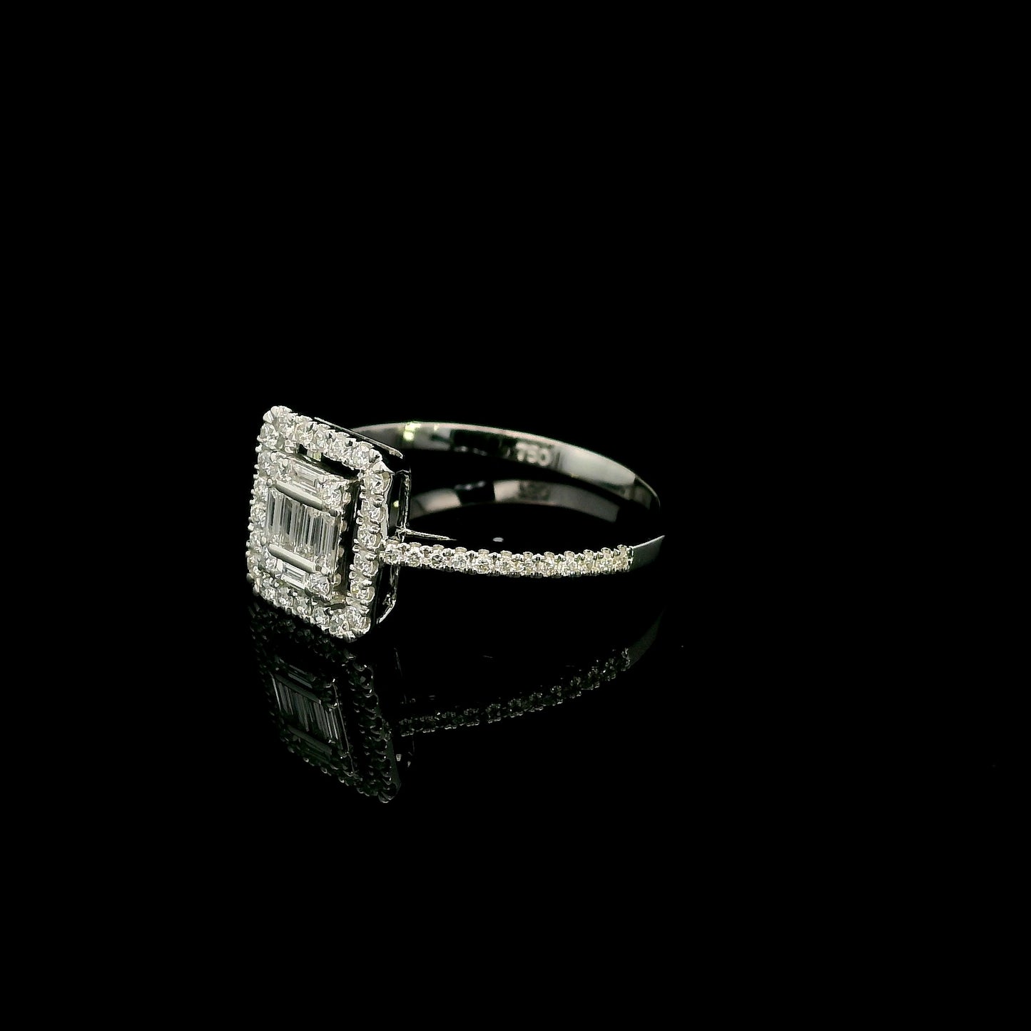 18K White Gold Diamond Halo Ring featuring 0.37 carat natural baguette and round brilliant diamonds in a geometric halo design with a diamond-set band.